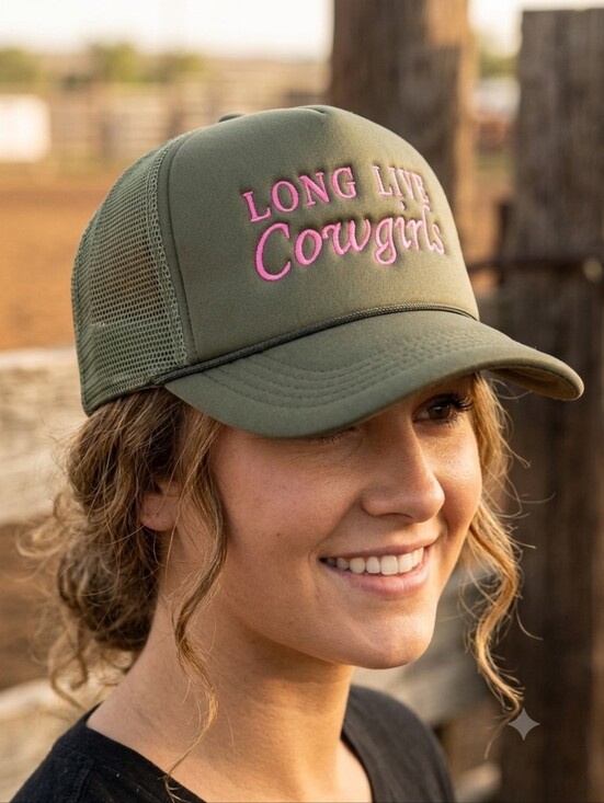 No Brand Accessories - Long Live Cowgirls Army Green Embroidered Foam Adjustable Trucker Hat One Size